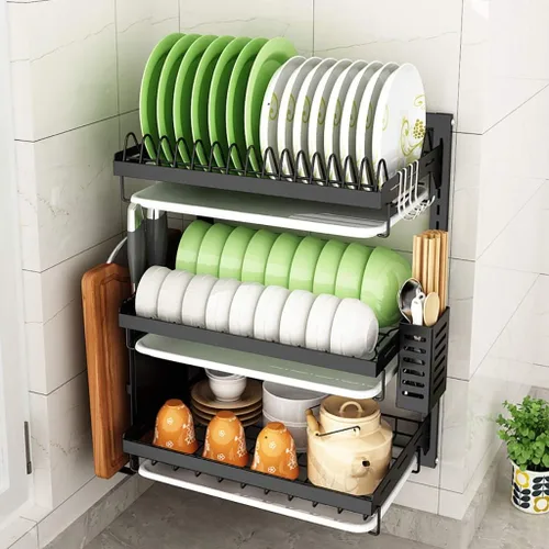 Miniatura 7 de Escurridor de platos montado en la pared de acero inoxidable 201 con bandeja de drenaje, estante de cocina de 3 capas, organizador de utensilios