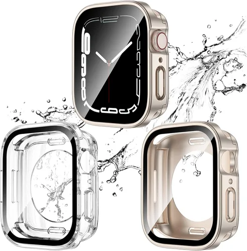 2 Pack 2 en 1 Funda impermeable para Apple Watch Series 8 7 de 41 mm, Parachoques frontal y trasero de PC de borde recto con protector de pantalla