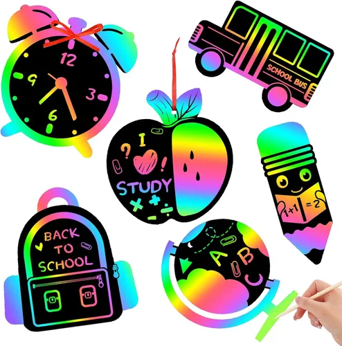 Miniatura 25 de JULMELON Paquete de 36 tarjetas para rascar con diseño de manzanas para el regreso a clases, tarjetas para rascar arcoíris con cintas de lápiz