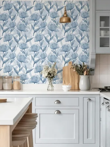 Miniatura 8 de Marca Heroad Papel tapiz floral bohemio despegable y adhesivo de 16.1"x393", papel de contacto con flores azules para gabinetes, impermeable