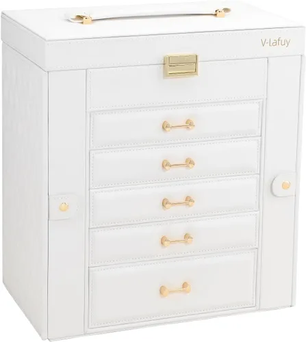 Miniatura 7 de V-LAFUY Joyero grande para mujer, organizador y almacenamiento de joyas, caja de joyería grande con espejo, color blanco