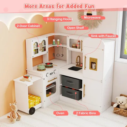 Miniatura 4 de HONEY JOY Cocina de Juego de Esquina con Carrito Rodante, Juego de Cocina de Juguete de Madera de Simulación con Luces, Máquina de Hielo, Estufas