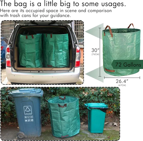 Miniatura 2 de Gardzen Paquete de 3 bolsas de basura de 72 galones, reutilizables, resistentes, plegables, para hojas de jardín, con anillo de plástico, contenedor