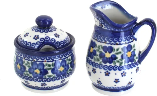 Miniatura 11 de Set de crema y azúcar de flor de manzana y cerámica polaca de rosa azul