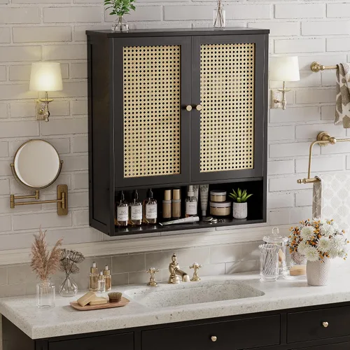 Miniatura 2 de Armario de pared de baño, organizador de almacenamiento de bambú sobre el inodoro con 2 puertas de ratán y estante ajustable, gabinete de medicina