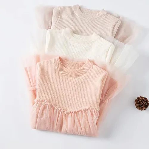 Miniatura 2 de Ropa de vestir de princesa de punto para otoño e invierno de manga larga de tul sólido para niñas de 1 a 5 años rosa 2 a 3 años
