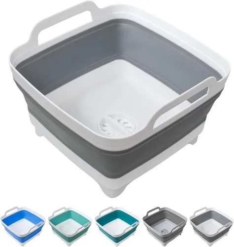 Miniatura 12 de Tiawudi Barreño para lavar platos, lavabo de 2.4 galones/9L con asas de transporte de tapón de drenaje, cubo plegable para limpieza, fregadero