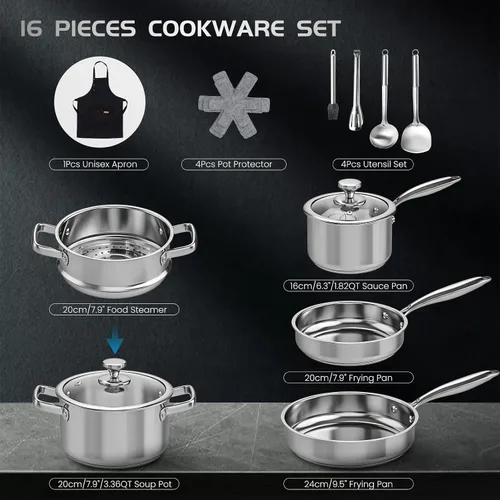 Miniatura 2 de Meythway Juego de ollas y sartenes no tóxico, juego de utensilios de cocina de acero inoxidable de 16 piezas con vaporera, juego de utensilios