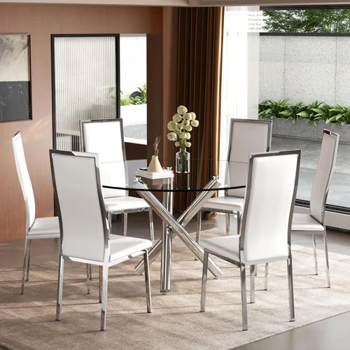 Miniatura 14 de Moderno juego de mesa redonda de cristal para 2, juego de mesa de cocina de círculo pequeño de 36 pulgadas con 2 sillas de comedor de piel sintética
