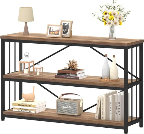 Miniatura 17 de IBF - Librero bajo rústico de 3 niveles, estantería industrial horizontal de madera, estantería larga y ancha de estilo granja de metal, estantería