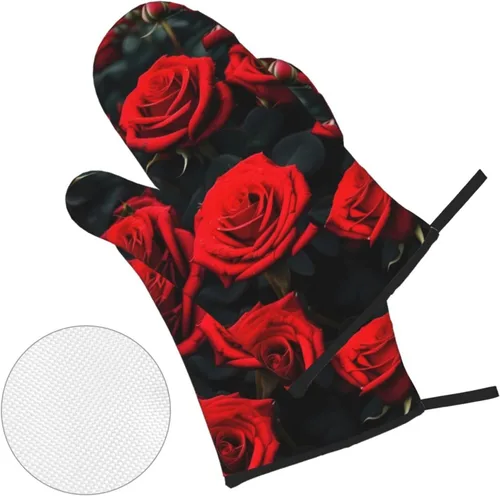 Miniatura 3 de Juego de manoplas y salvamanteles antideslizantes para horno y salvamanteles con diseño de rosas rojas, resistentes al agua, para hornear a