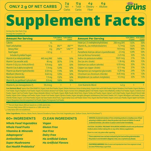 Miniatura 5 de Gruns Multivitamínico para niños, sin azúcar, superalimento Super Greens con 20 vitaminas y minerales, alfalfa, espirulina, clorella, fibra