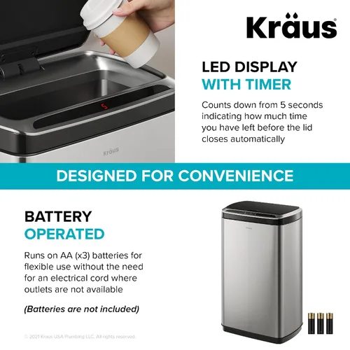 Miniatura 7 de Kraus GarbagePro Bote de basura rectangular de 13 galones manos libres con sensor de movimiento operado por batería en acabado negro mate con tapa