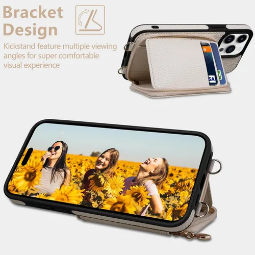 Miniatura 5 de Funda compatible con iPhone 15 Pro Max de 6.7 pulgadas, cremallera cruzada con ranuras para tarjetas de bloqueo RFID, soporte, cordón y correa