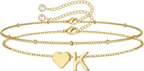 Miniatura 23 de M MOOHAM Pulseras de oro con inicial de corazón para mujer, pulseras con dije de letra A-Z de corazón dorado en capas para mujer, pulseras
