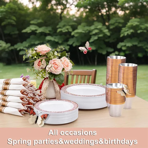 Miniatura 6 de Vajilla de plástico desechable de color dorado rosado, incluye: 50 platos de cena, 50 platos de postre, 50 servilletas enrolladas con cubiertos