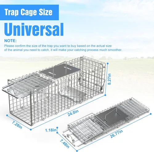 Miniatura 8 de Paquete de 2 trampas para animales humanos, trampa de jaula viva de 24 pulgadas para gatos y roedores, jaula de acero galvanizado plegable