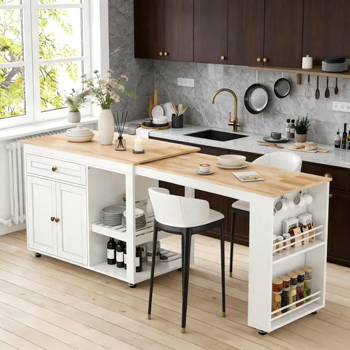 Isla de cocina de 77.8 pulgadas con mesa extensible, isla de cocina rodante con armario de almacenamiento, cajones, estante para especias, toallero,