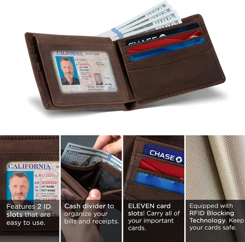 Miniatura 15 de SERMAN BRANDS Billetera de piel con 2 ventanas de identificación para hombre, con bloqueo RFID, doble tapa superior, billetera de viaje de capacidad