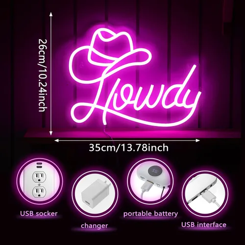 Miniatura 2 de Riakrum Sombrero de vaquero Howdy letrero de neón para decoración de pared, iluminación Y2k, luz de neón LED, decoración de habitación de vaquera