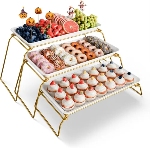 Miniatura 10 de Set de bandejas de servir de 3 niveles de melamina, bandejas de 29 x 14 pulgadas para servir alimentos, bandejas reutilizables blancas con soporte