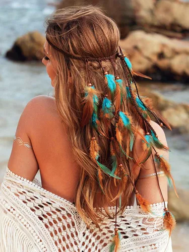 Miniatura 4 de GORTIN Diadema de plumas bohemias, disfraz gitano, tocado negro, bohemio, hippie, banda para el pelo para festival indio, accesorio para el cabello