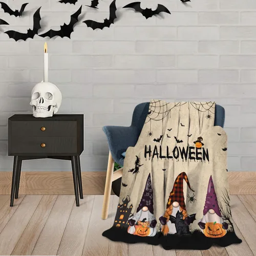 Miniatura 7 de Manta de gnomo de Halloween, manta de franela de forro polar, manta de murciélagos de Halloween con gato negro, ligera, acogedora, cálida, mullida