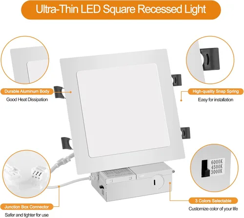 Miniatura 3 de LZHOME - Luz empotrable LED cuadrada de 11 pulgadas y 26 W, 3 colores de temperatura seleccionable y regulable, 2200 lúmenes, iluminación LED