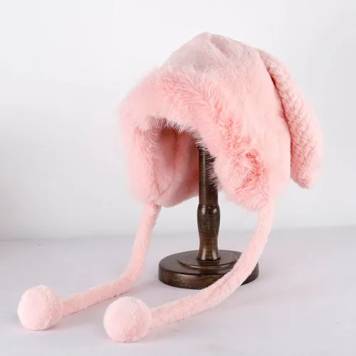 Miniatura 2 de Fauxfur Y2k - Gorro de conejo para mujer, gorro de invierno cálido con diseño de calavera y pompón, sombrero holgado