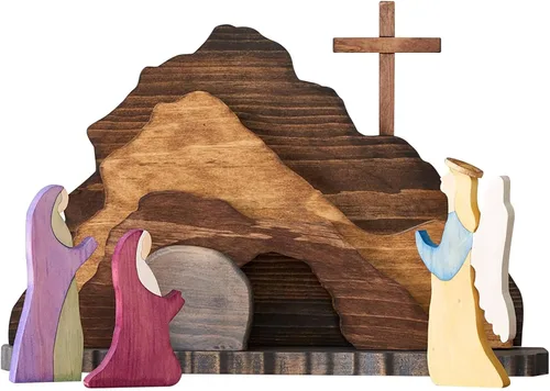Miniatura 7 de IoF Adorno de escena de resurrección de Pascua, decoración de Pascua religiosa de madera, figuras de tumba vacía cristiana de madera, juego