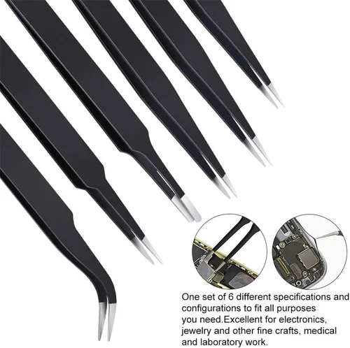 Miniatura 8 de Utoolmart Juego de pinzas de precisión, 6 en 1 de acero inoxidable antiestáticas industriales ESD, para soldadura electrónica, reparación