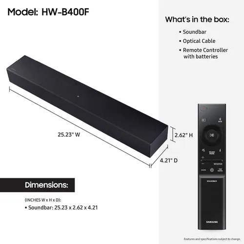 Miniatura 3 de Samsung Serie S HW-400F 2.0ch con woofer incorporado, mejora de voz y modo nocturno, expansión de sonido envolvente, sonido adaptativo, películas