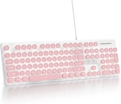 Miniatura 13 de Teclado de máquina de escribir retro con cable, teclado silencioso de computadora iluminado con 104 teclas redondas de tamaño completo, Azul