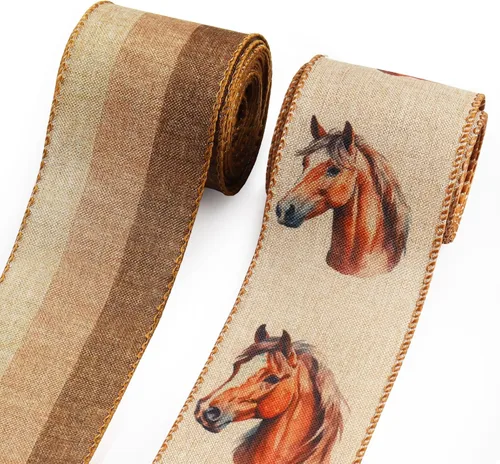 Miniatura 6 de Estivaux 2 rollos de cintas de ganado alpino para manualidades, cinta de otoño con borde con alambre, cinta natural a cuadros de búfalo para otoño