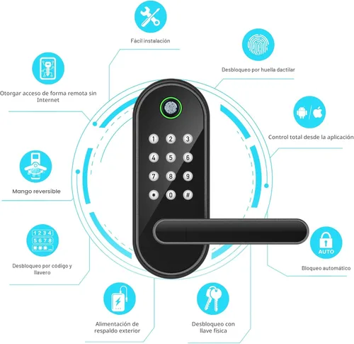 Miniatura 2 de Cerradura inteligente de puerta con huella dactilar, asa y teclado – entrada sin llave Bluetooth para puerta delantera, hogar, niños, invitados