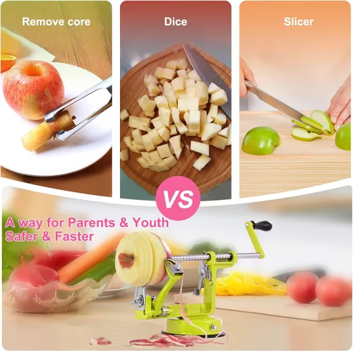 Miniatura 4 de Pelador de manzanas, cortador y descorazonador de papas 3 en 1, de acero inoxidable resistente con base de ventosa y 3 cuchillas extra (Verde)