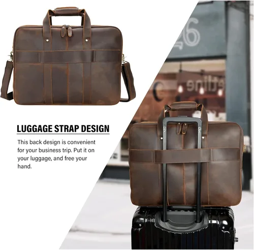 Miniatura 7 de Maletín grande de cuero para hombres de 18 pulgadas de grano completo para laptop, bolsa de mensajero para portátil de 17.3 pulgadas, marrón oscuro
