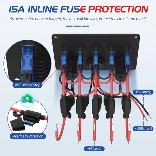 Miniatura 5 de RVMARINEPAT Panel de Interruptores Basculantes de 5 Posiciones Certificado UL Panel de Interruptores de 12 Voltios ON-OFF LED Azul con Fusible