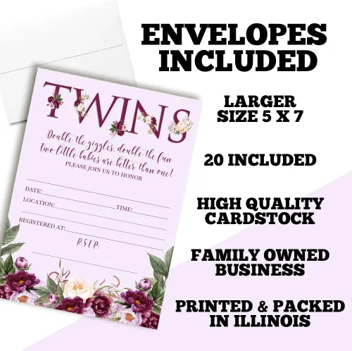 Miniatura 2 de AmandaCreation - Invitaciones florales de peonía morada para baby shower para gemelos, 20 tarjetas de relleno de 5 x 7 pulgadas con veinte sobres