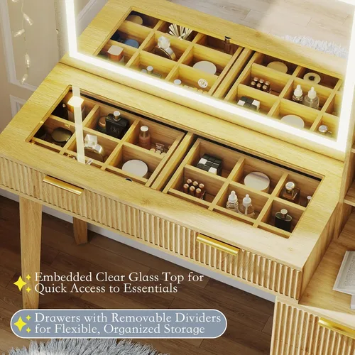 Miniatura 4 de Escritorio de maquillaje estriado: escritorio de tocador de maquillaje de roble de 48 pulgadas con espejo grande de 36 pulgadas y luces, tocador