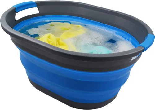Miniatura 6 de SAMMART Cesta de plástico plegable de 32 L (8.4 galones) - Contenedor/organizador de almacenamiento plegable - Tina de lavado portátil - gris/azul