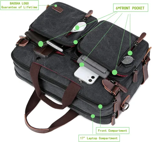 Miniatura 5 de Baosha Maletín convertible Mochila de 17 pulgadas para portátil Maletín de negocios HB-22 Mezclado negro-gris