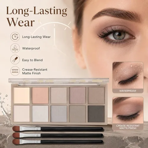 Miniatura 2 de Sulily Paleta de sombra de ojos color nude, 10 colores, maquillaje de sombra de ojos mate, gris pardo marrón, humo neutro, pigmento alto mezclable