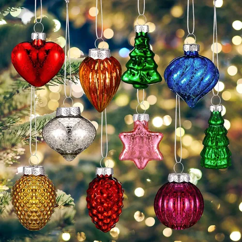 Miniatura 6 de Moucuny 30 adornos de cristal retro vintage de Navidad a granel, mini adornos antiguos de vidrio de mercurio para árbol de Navidad, bola soplada a