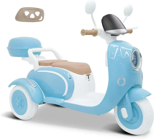 Motocicleta eléctrica para niños de 2 plazas con control remoto, 3 ruedas de 12 V con USB, música, Bluetooth, luz, caja de almacenamiento grande, 2