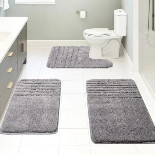 Miniatura 19 de Juego de 3 alfombras de baño suaves y absorbentes, peludas, suaves, antideslizantes, para ducha, bañera y bañera, lavables a máquina