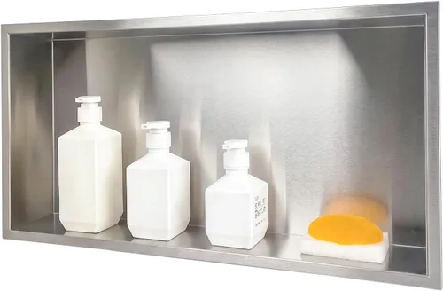 Miniatura 24 de Nicho de ducha empotrado de 24 x 12 pulgadas con estantes dobles, inserto de pared de acero inoxidable negro mate, no necesita azulejos