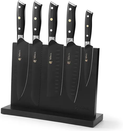 Wakoli Juego de bloque de cuchillos de titanio noir – Juego de 5 cuchillos de chef con bloque magnético de acacia | Cuchillas de acero inoxidable