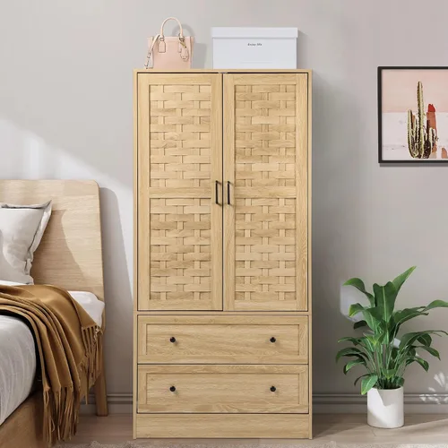 Miniatura 3 de LEVNARY Armario con 2 puertas tejidas, armario con 2 cajones de almacenamiento y riel para colgar, armario de madera independiente para dormitorio