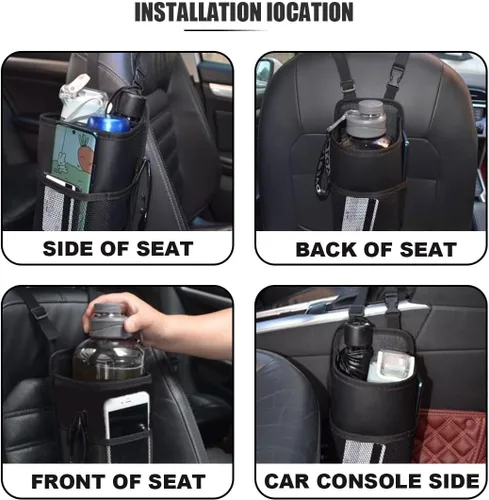 Miniatura 5 de Portavasos grande 2 en 1, organizador lateral multifuncional para asiento de automóvil de 80 onzas, bolsa colgante para botellas de agua, soporte